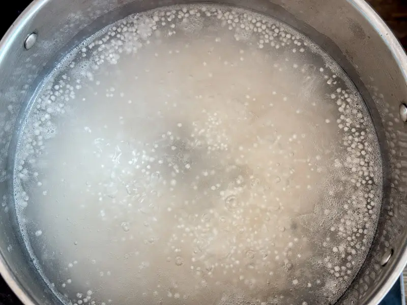 Sago pearls cooking in boiling water until translucent and soft, showing the classic white center fading as they cook.