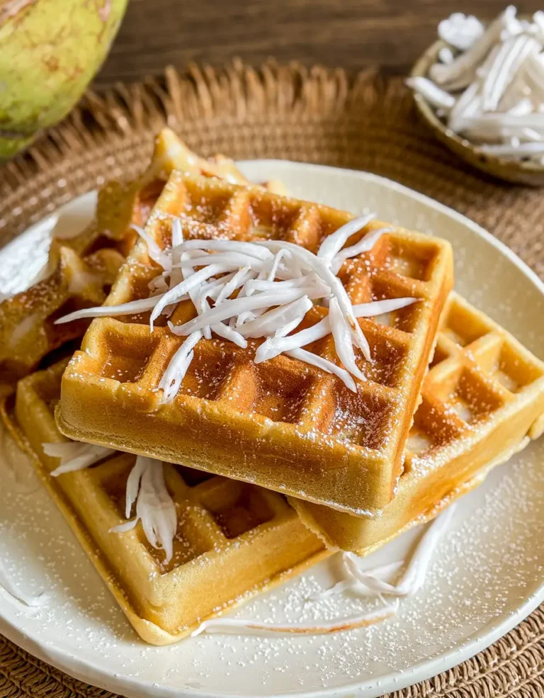 Close-up of golden Thai coconut waffles finished with shredded young coconut.