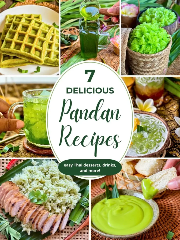 Collage of 7 pandan recipes including green waffles, pandan juice being poured, sticky rice in a bamboo basket, iced pandan drink, coconut pandan dessert, pandan rice with sliced chicken, and pandan custard dip.