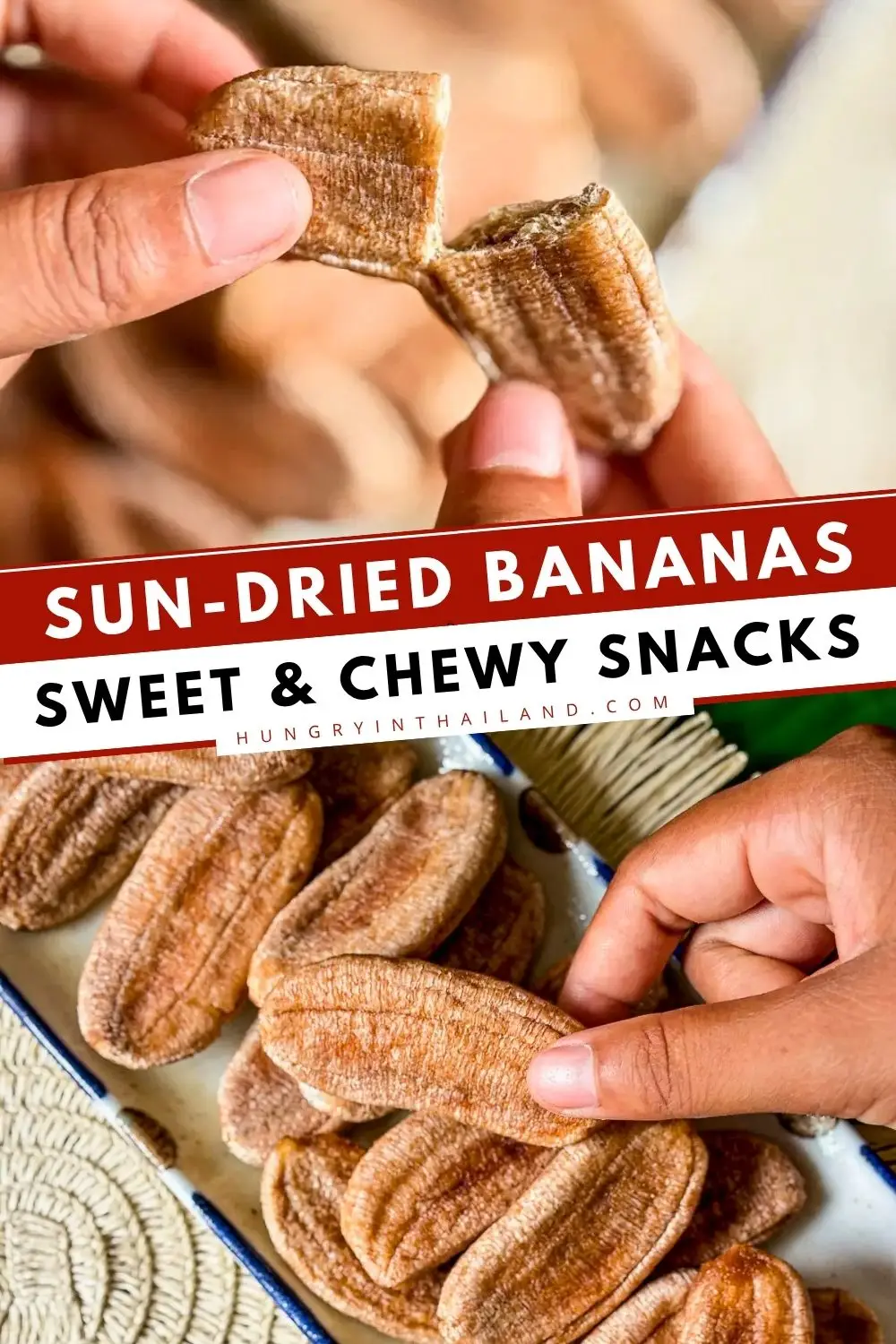 Sun-dried bananas being pulled apart to show their soft, chewy texture.