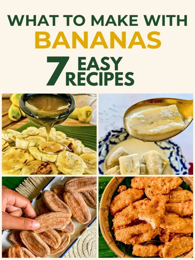 Collage of banana recipes including fried bananas, coconut banana dessert, sun-dried bananas, and banana fritters.