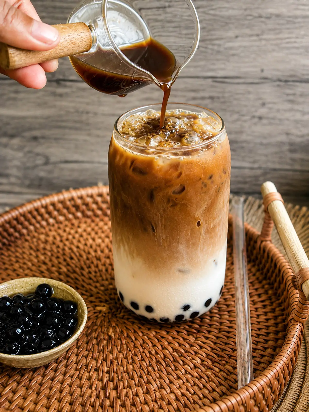 Pouring Thai coffee over creamy milk and boba pearls in a glass of iced Thai coffee bubble tea.