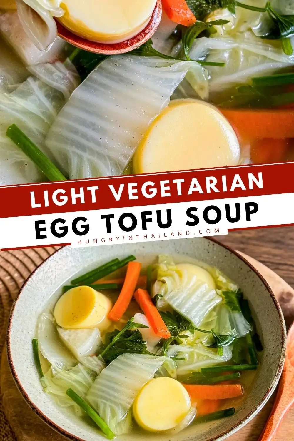 Light vegetarian egg tofu soup with cabbage, carrot, daikon, and silky egg tofu in a clear broth.