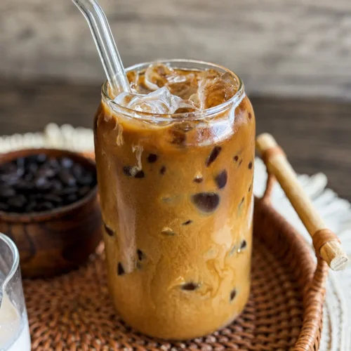 Thai coffee served over ice with swirling condensed milk in a glass jar