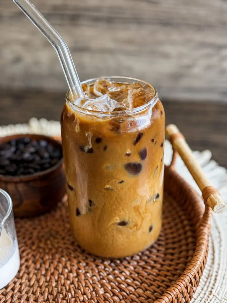 Thai coffee served over ice with swirling condensed milk in a glass jar
