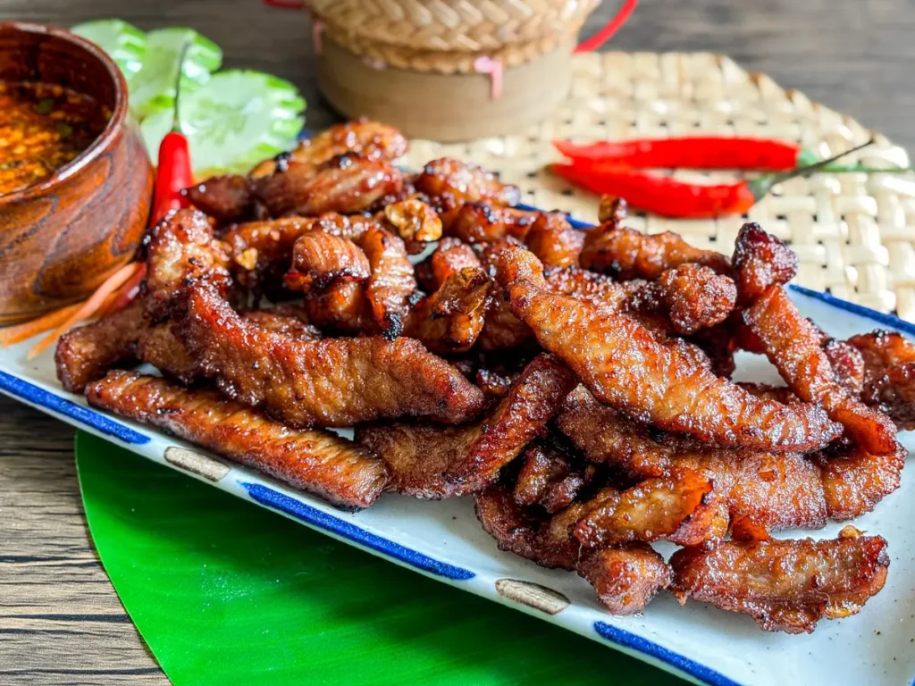 Close-up of plate of crispy Thai fried pork served with chili dipping sauce.