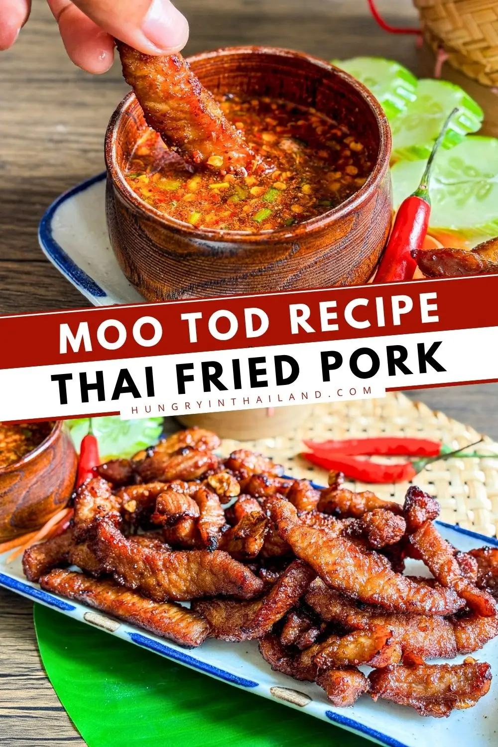 Crispy Thai fried pork strips (moo tod) served with spicy chili dipping sauce.