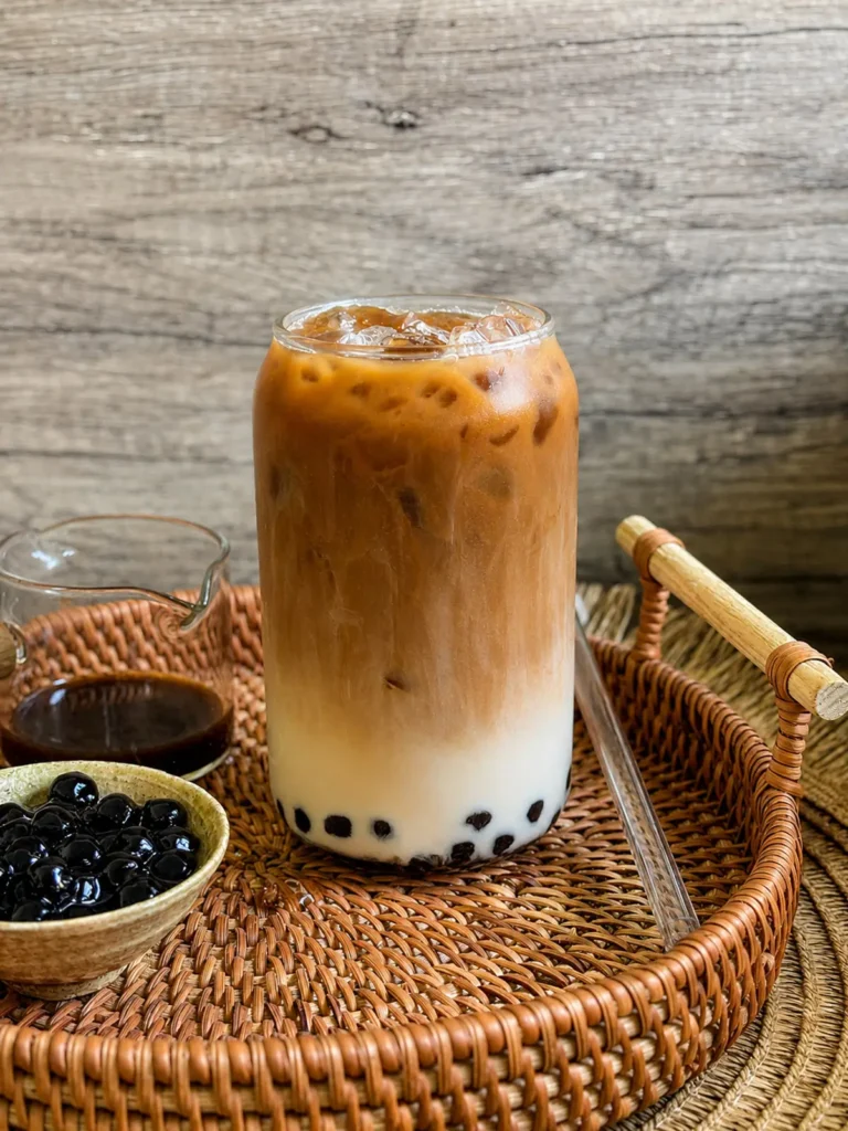 Thai iced coffee boba with tapioca pearls and creamy milk served over ice in a glass jar.