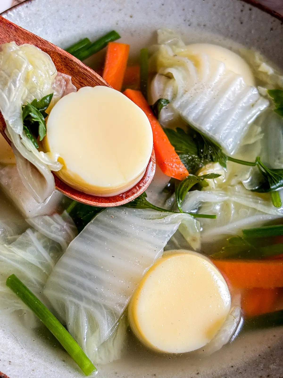 Close-up of silky egg tofu and vegetables in a light vegetarian soup broth.
