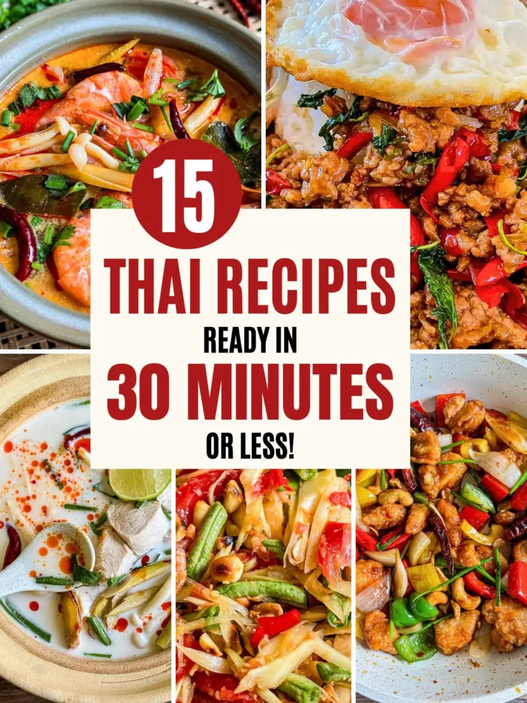 Collage of 15 fast Thai recipes ready in 30 minutes or less, including pad kra pao, tom yum kung, tom kha gai, som tam, and cashew chicken.