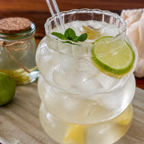 Lime soda with fresh lime, mint, and ice.