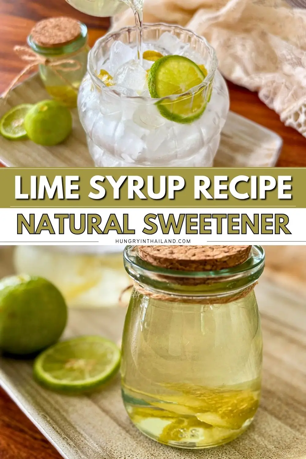 Lime syrup drink with homemade lime syrup served over ice with fresh lime.