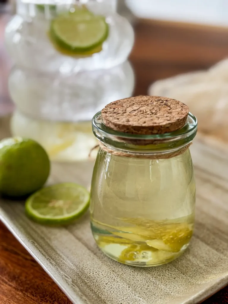 Homemade lime syrup in a glass jar with fresh lime slices.