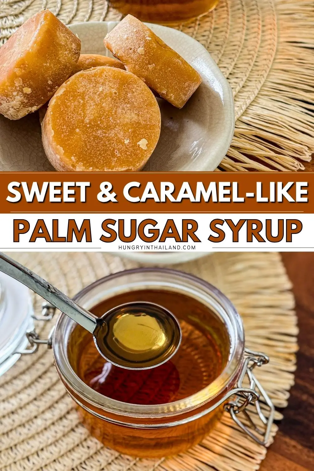 Palm sugar syrup with Thai palm sugar pieces, showing its sweet caramel-like flavor.