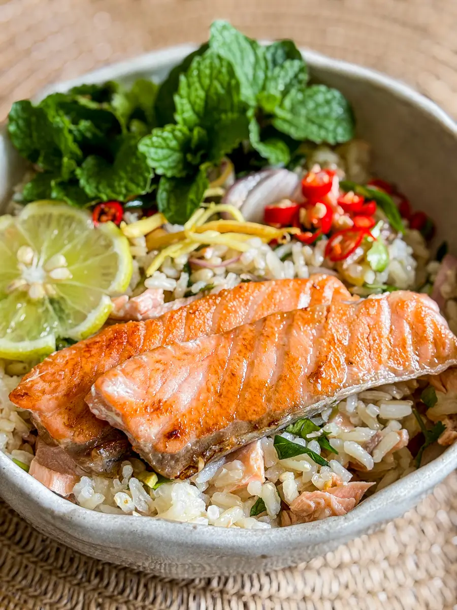 Salmon rice bowl with Thai-inspired flavors