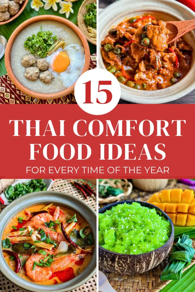 Collage featuring Thai rice porridge with pork meatballs and egg, rich red duck curry, spicy tom yum kung soup with shrimp, and green sticky rice served with ripe mango.